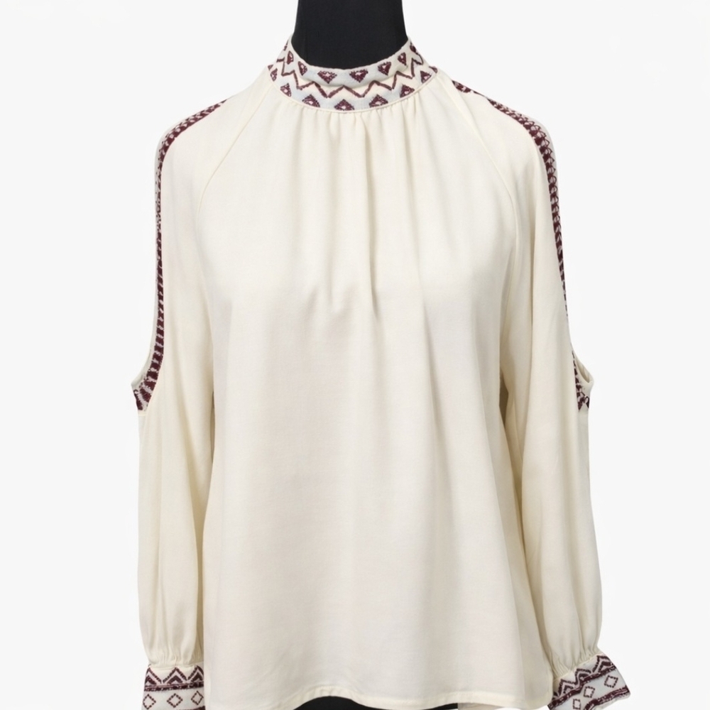 Maeve By Anthropologie Cream Mock Neck Cold Shoulder Blouse Size Med